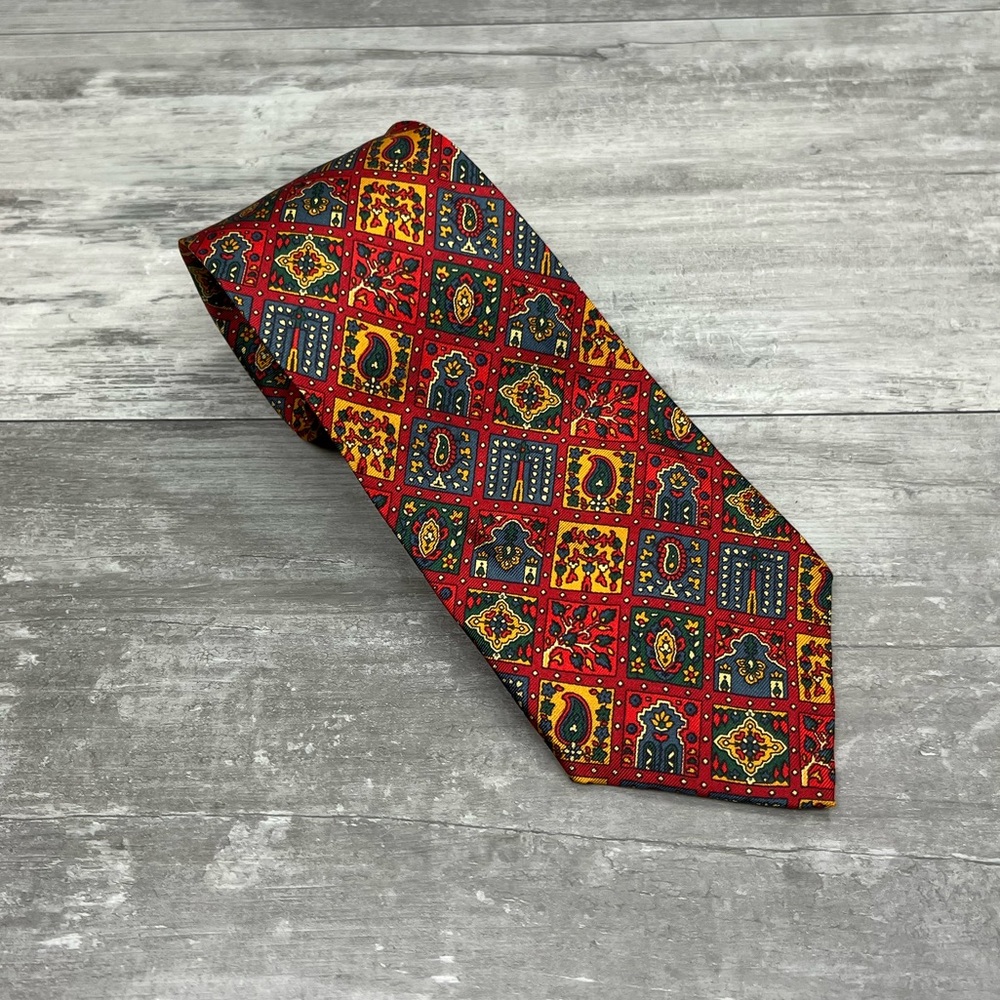 John Comfort Red, Gold, Green & Blue Paisley Silk Tie